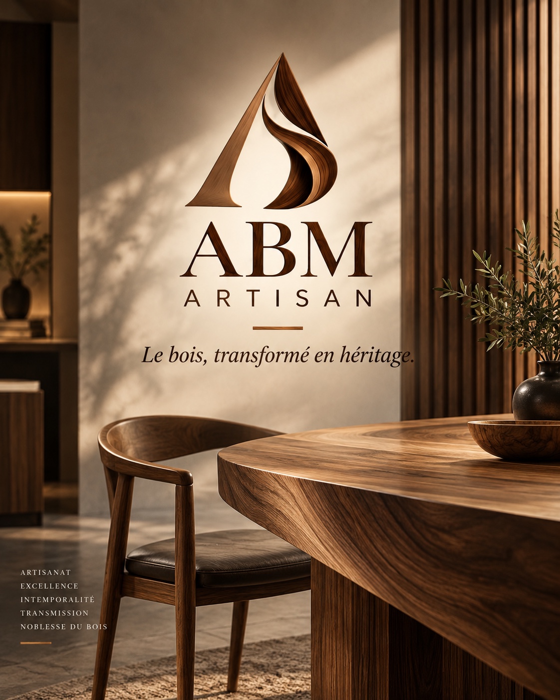 ABM Artisan — Le bois, transformé en héritage. Table en noyer et identité sculptée dans le bois.